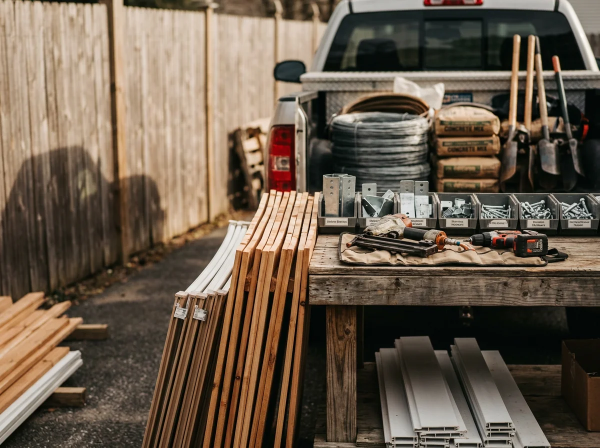 Fencing materials and tools organized on a work site, ready for installation and repair projects.