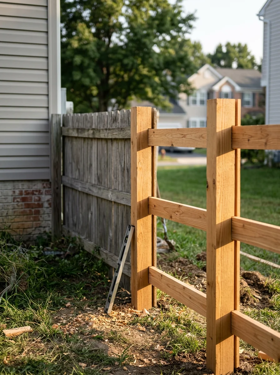A repaired section of a wood fence in a Bear, DE neighborhood, showing new posts and rails alongside the original aging fence run.