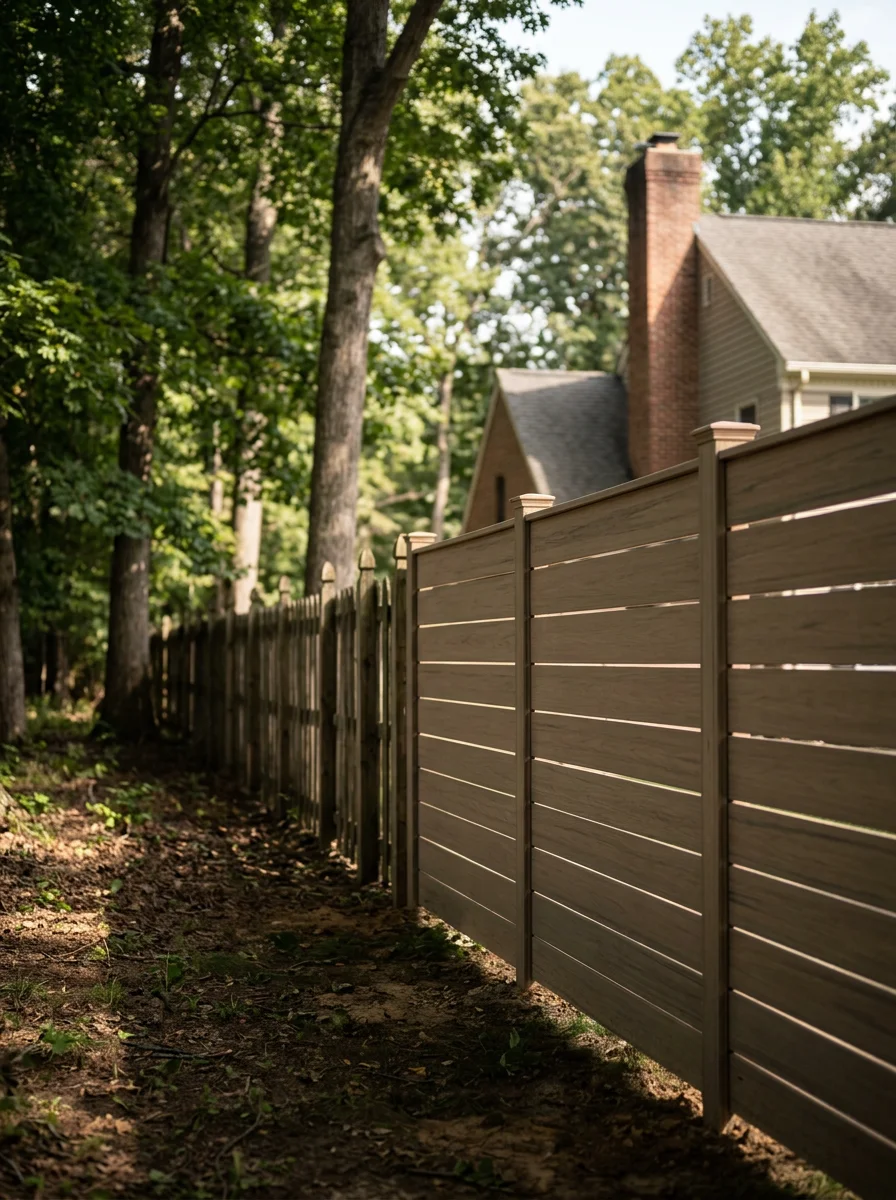 A privacy fence installed along the rear lot line of a large Hockessin property, with a colonial-style home and wooded surroundings visible.