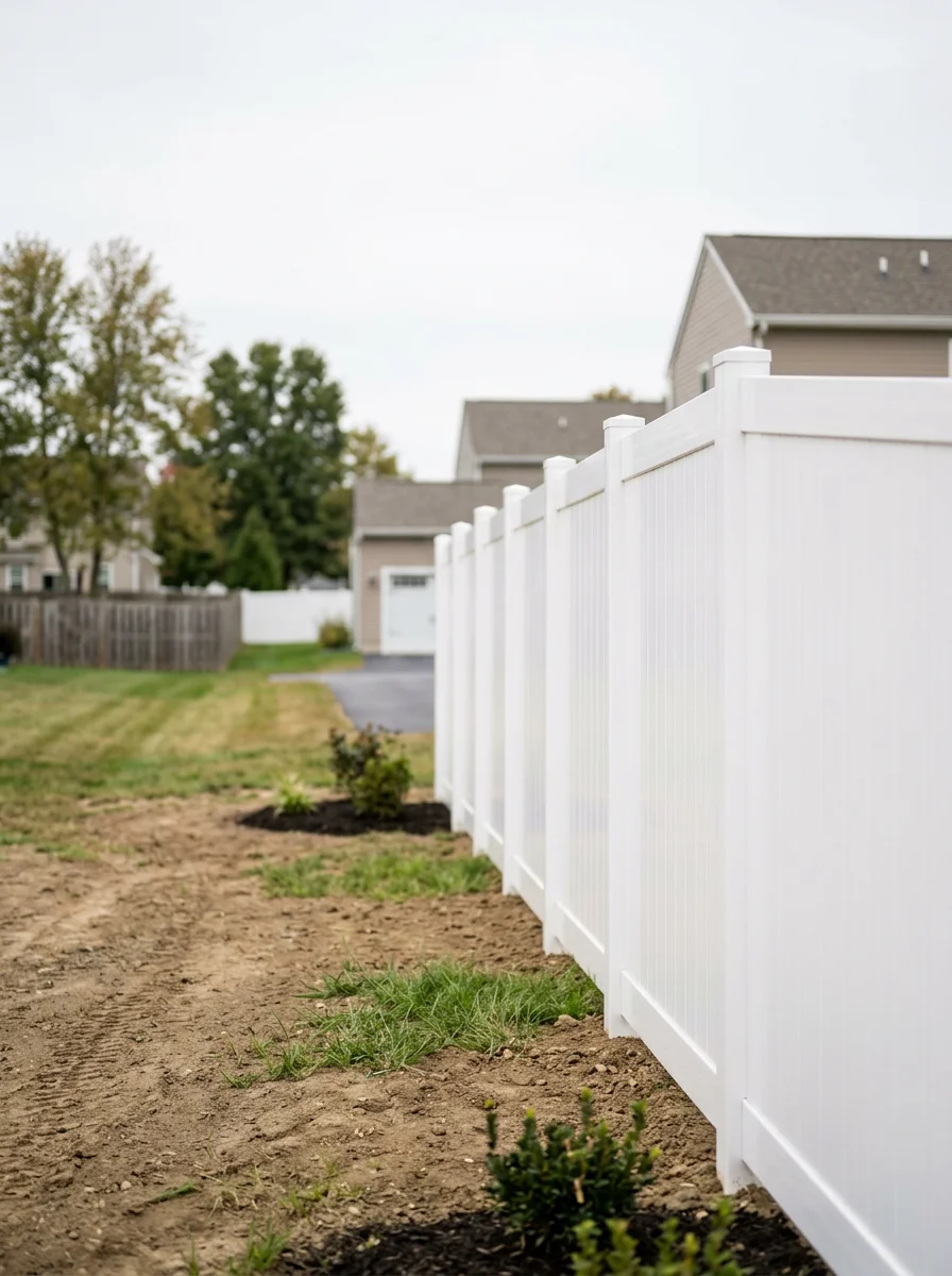A new vinyl privacy fence installed along the rear yard of a single-family home in a Middletown, Delaware subdivision, with flat open lots and newer construction nearby.