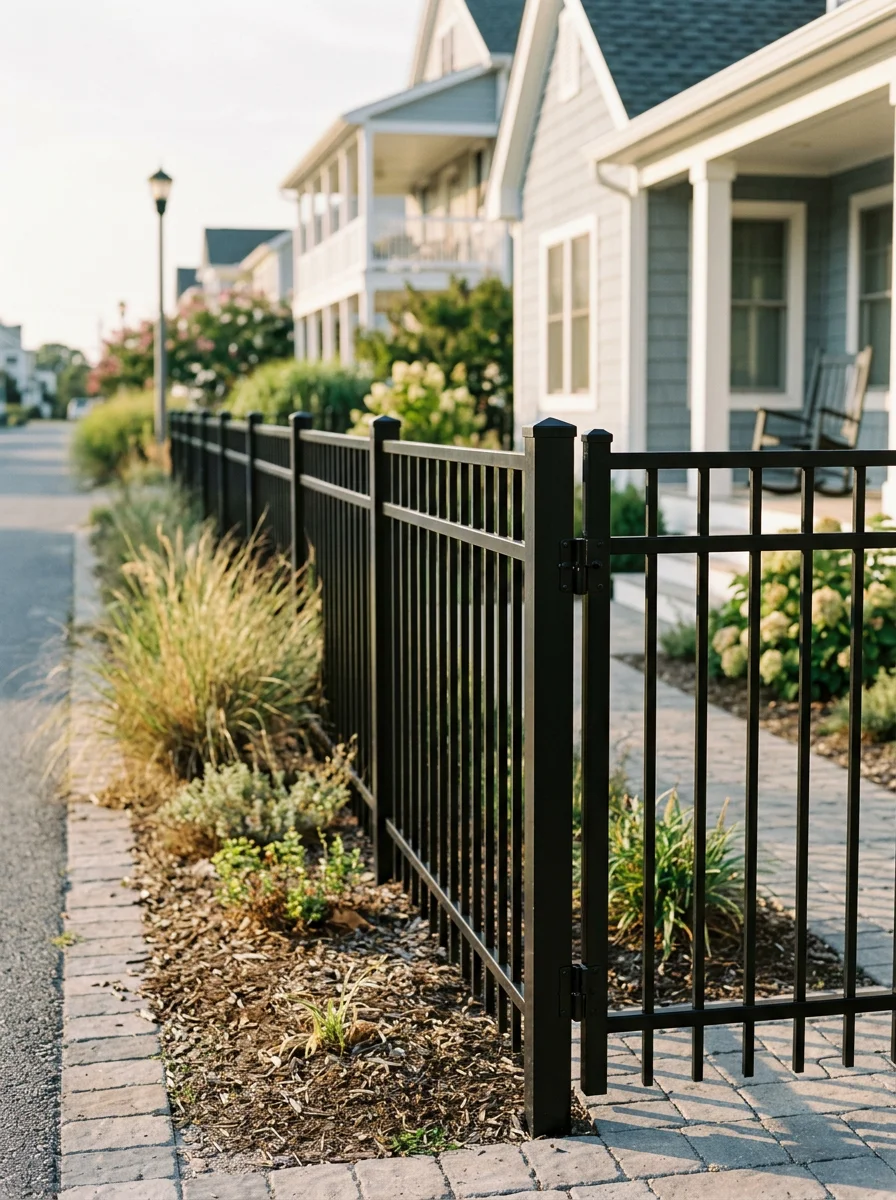 An aluminum ornamental fence installed along the front of a Rehoboth Beach area home, with a coastal residential street and low-maintenance landscaping in the background.