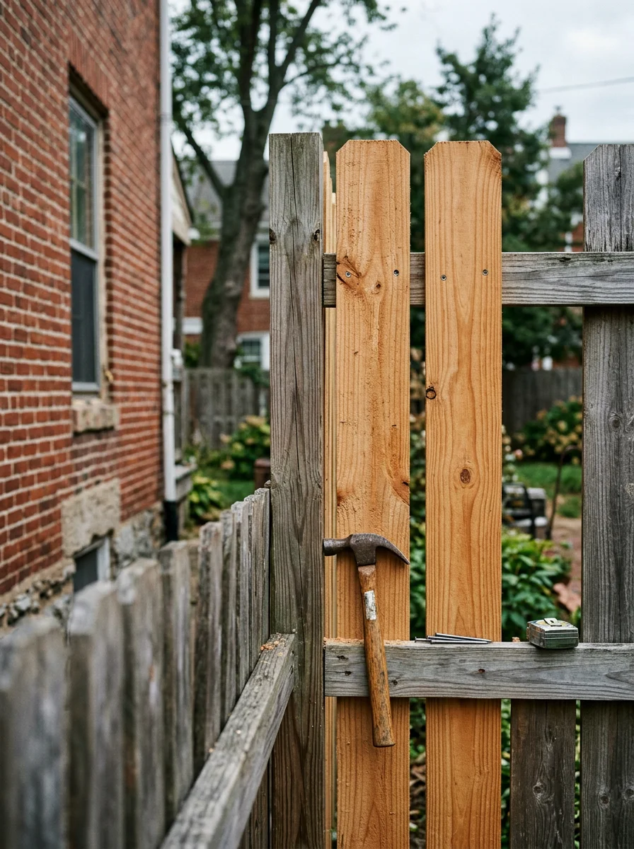 Close-up of a repaired wood fence panel on a Wilmington city property, showing fresh posts and rails alongside an older attached home.