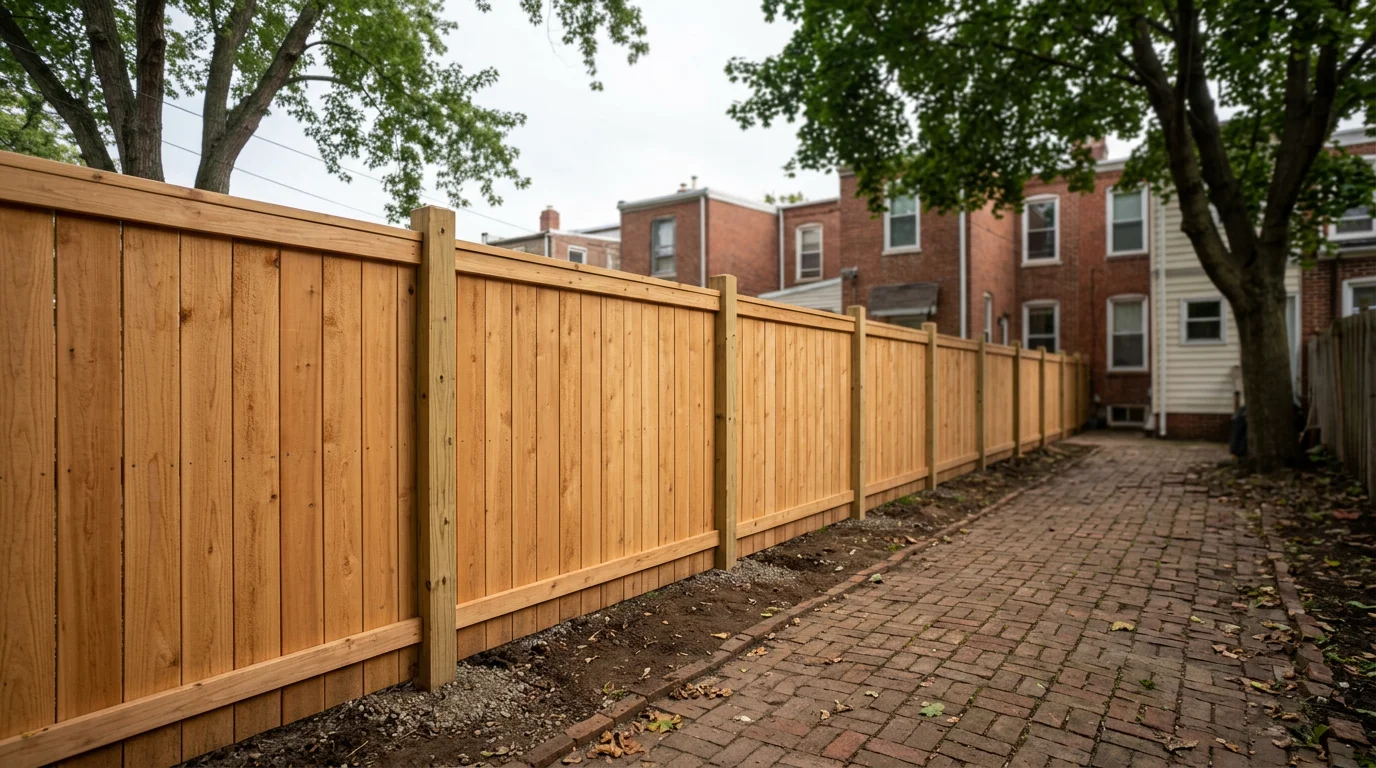 A newly installed privacy fence along the rear yard of a Wilmington, Delaware row home, with brick paving and a narrow urban lot visible.