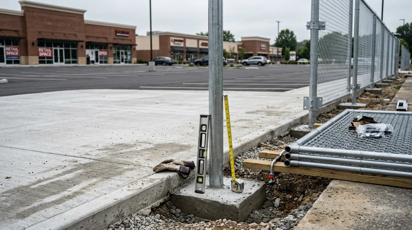 Newly installed commercial fence along the perimeter of a business property in Wilmington, Delaware. The fence features sturdy posts and a clean line running the full length of the commercial lot.