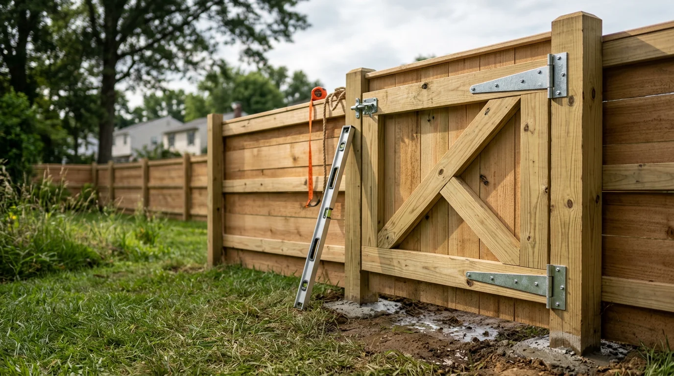 A newly installed wooden fence gate with a metal latch on a residential property in Wilmington, Delaware. The gate is plumb and centered in the fence line with a clear backyard visible behind it.