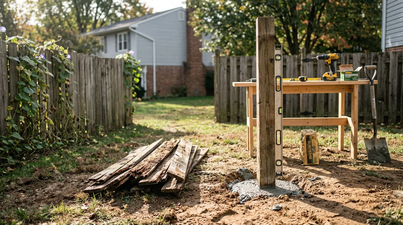 A repaired wooden fence with a newly set post and replaced boards in a residential backyard in Wilmington, Delaware. The repaired section blends with the existing fence line and the gate hangs level and closes flush.