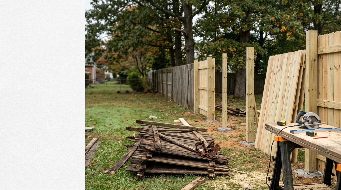 A newly replaced wooden privacy fence running along the backyard of a residential property in Wilmington, Delaware. The old fence has been removed and fresh posts are set in a straight line with clean panels installed.