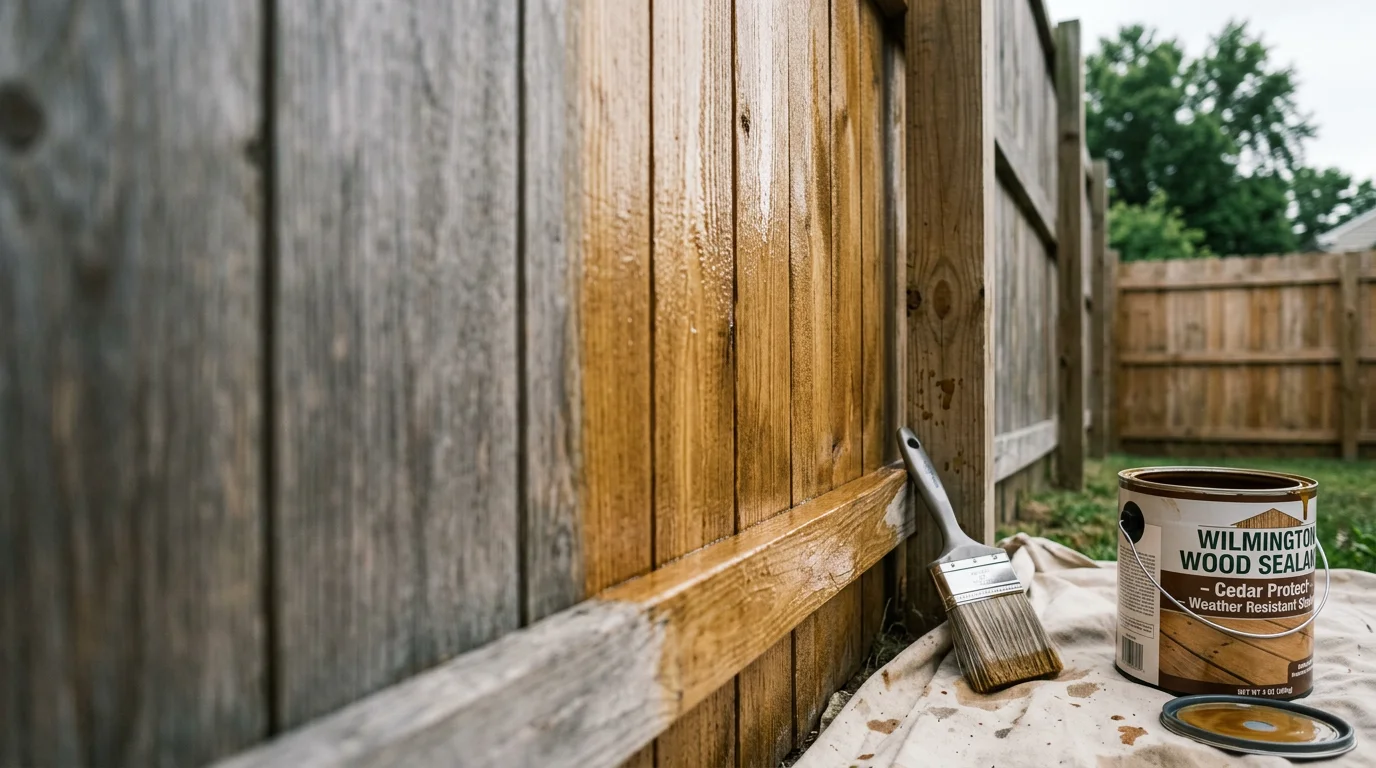 Close-up of a freshly stained wood privacy fence in a Wilmington, Delaware residential yard, showing even color and a sealed surface with no visible cracking or gray weathering.