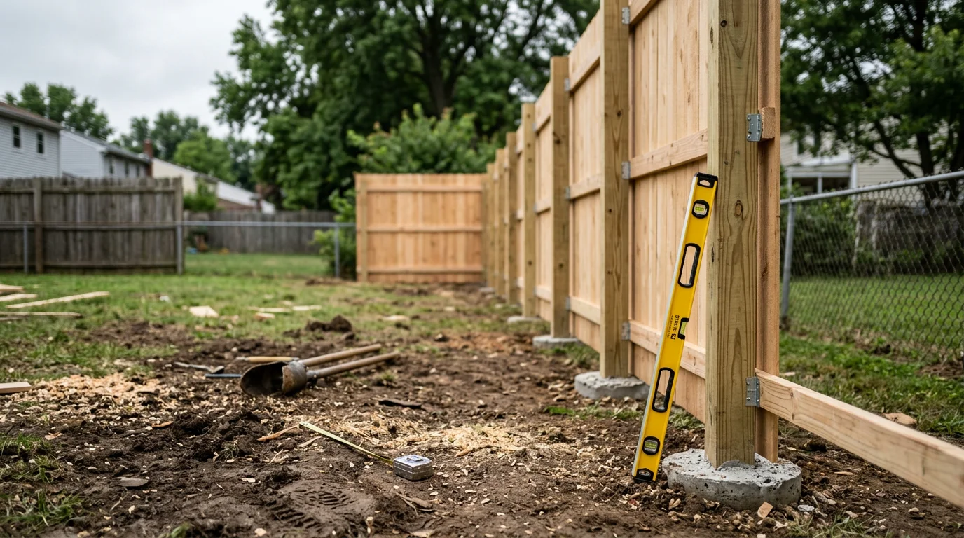 A newly installed privacy fence along the backyard of a residential property in Wilmington, Delaware. Clean post lines and finished panels define the property boundary on a clear day.
