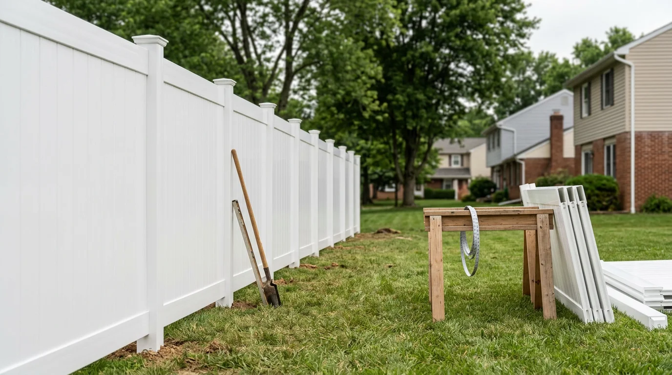 A newly installed residential fence running along the backyard of a single-family home in Wilmington, Delaware. The fence defines the property boundary clearly against a green lawn with a residential neighborhood visible in the background.